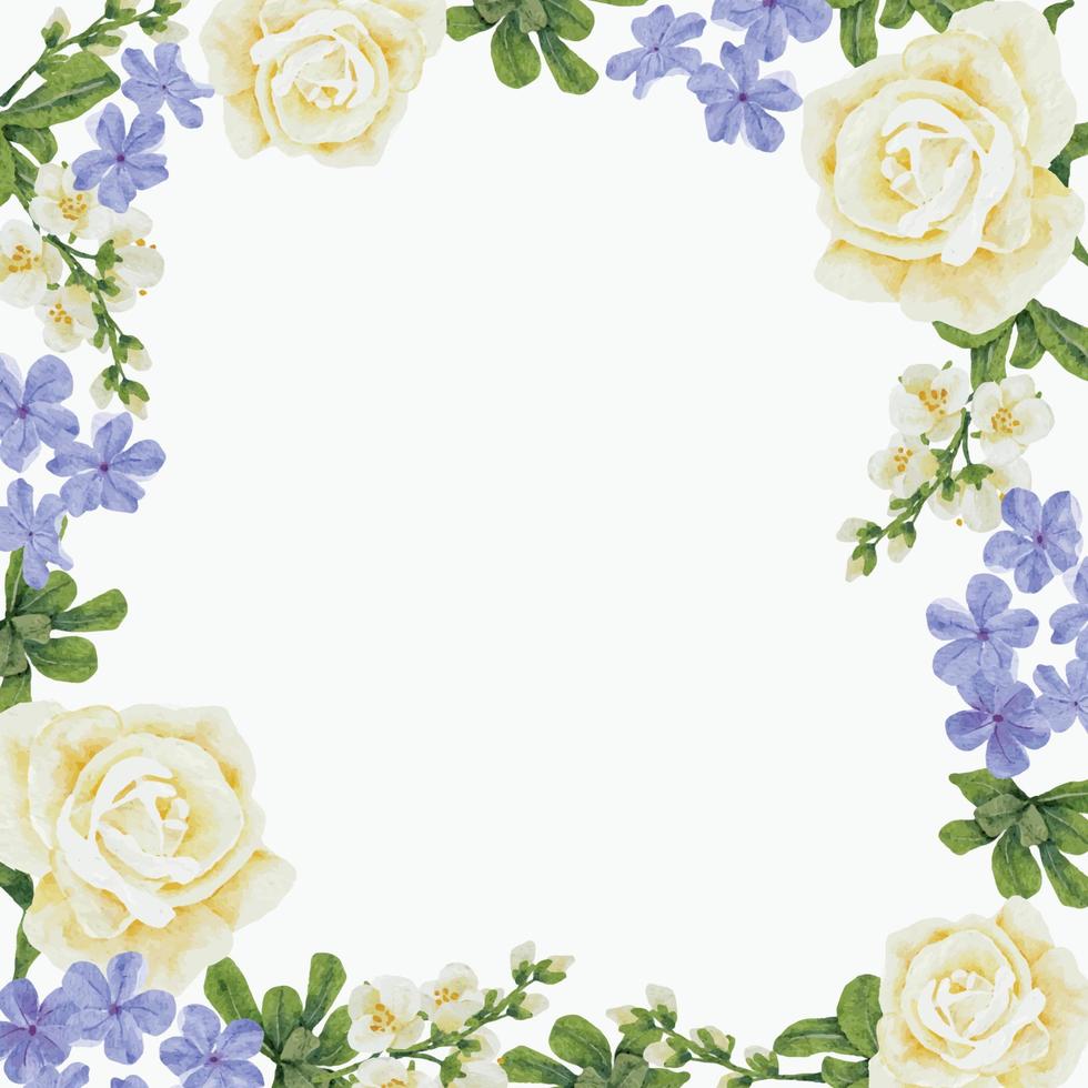 aquarell schöne weiße rose und blaue plumbago auriculata pflanze blumenstrauß quadratischer rahmen vektor