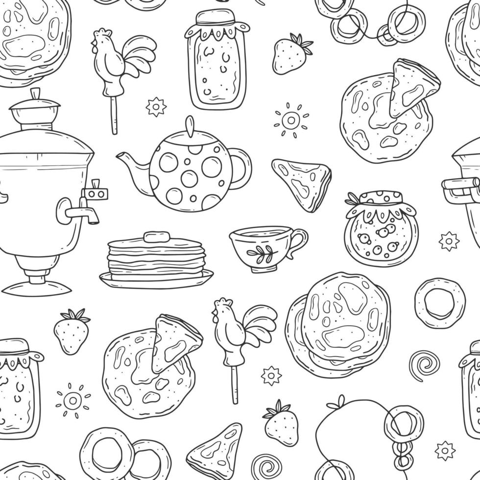 sömlöst svartvitt mönster med matpannkakor, te, sylt, jordgubbar, klubba, bagel. vektor isolerade illustration bakgrund. pannkaksdag.
