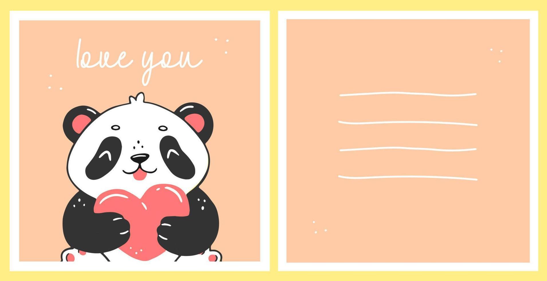 eine Postkartenvorlage mit einem süßen Panda mit Herz und der Aufschrift love you. das konzept der karte für kinder. fröhlichen Valentinstag. Vektor-Tier-Illustration. vektor