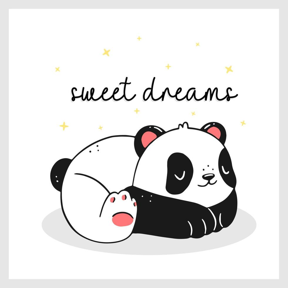 söt sovande panda med söta drömmar text i tecknad doodle stil. design av ett barnkort. affischmall för barnkammaren. vektor illustration.