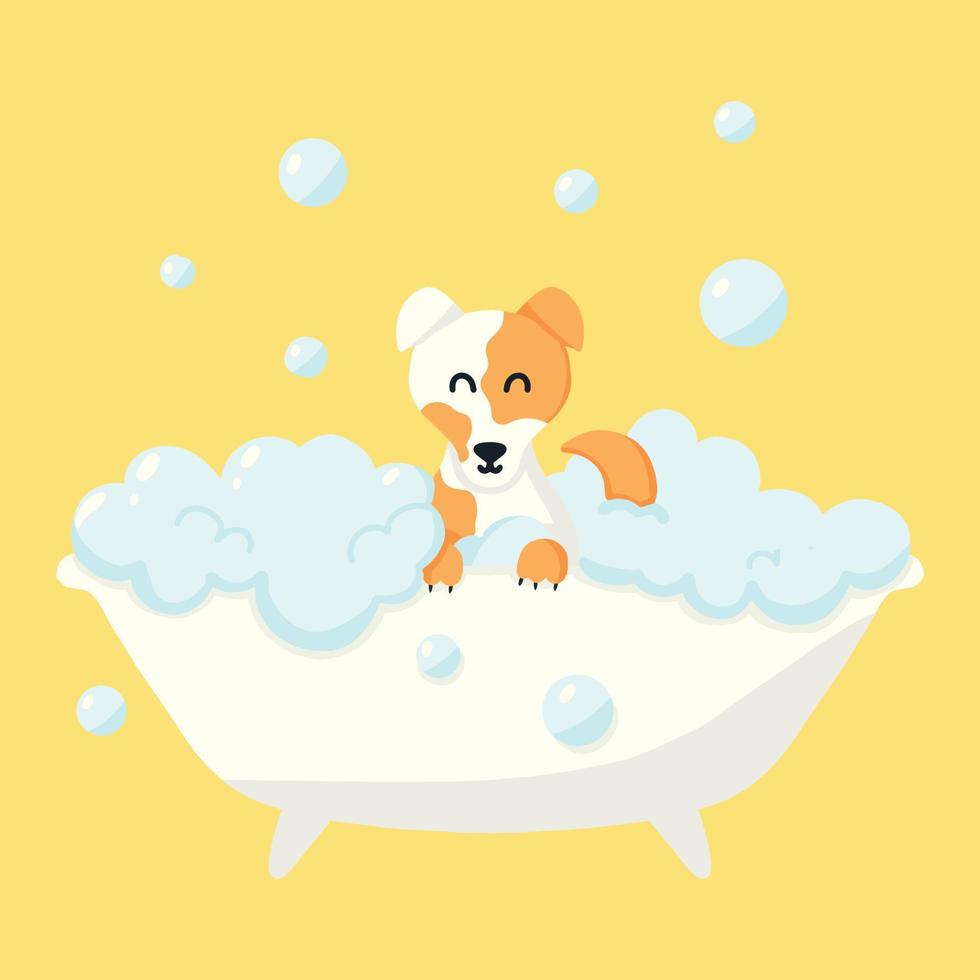 hund i ett bubbelbad. Husdjursvård. bada hunden i badrummet. vektor illustration i tecknad stil.