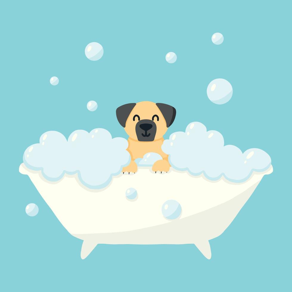 hund i ett bubbelbad. Husdjursvård. bada hunden i badrummet. vektor illustration i tecknad stil.