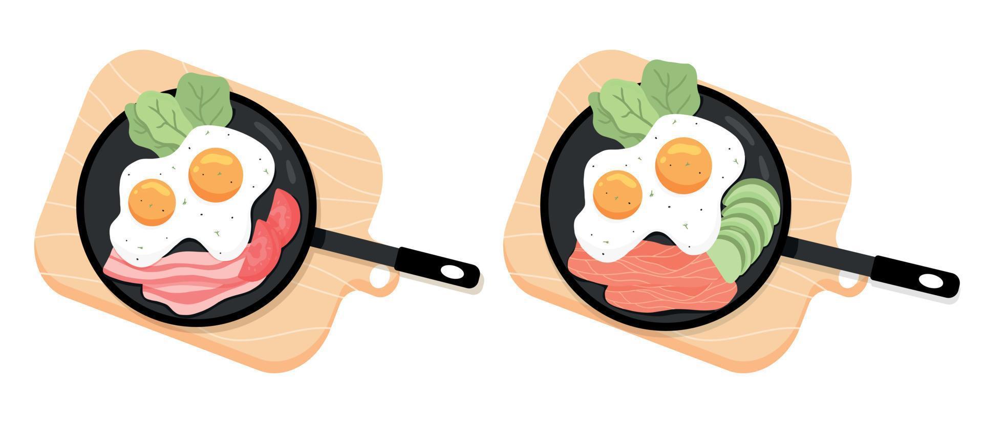 eine Reihe von Rühreiern in einer Pfanne. Spiegeleier mit Speck und Gemüse. Omelette mit Fisch und Avocado. Vektor-Illustration. vektor