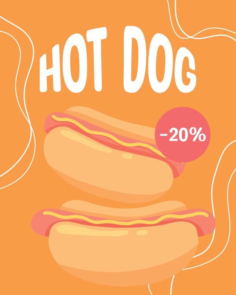 Plakat mit Hotdog. Banner mit Brötchen mit Wurst und Senf. Fastfood. Vektorillustration im Cartoon-Stil. flyer für streetfood. vektor