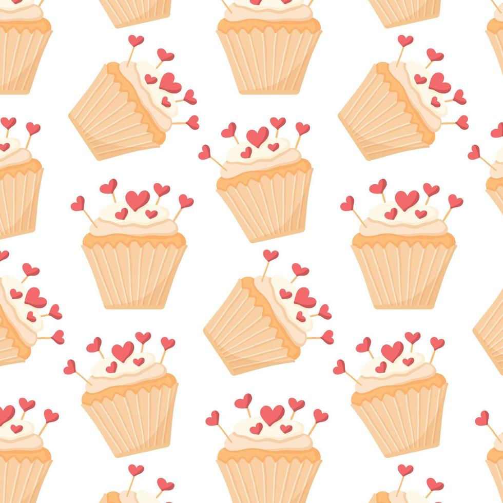 Muster mit Cupcake und Herzen. Muster mit Brötchen und Sahne. Vektorillustration im Cartoon-Stil. vektor