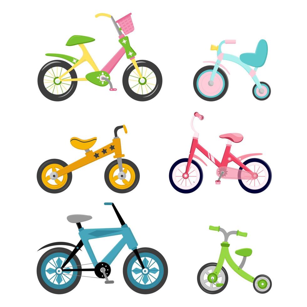Satz von 6 Fahrrädern. Kinder-, Jugend-, Erwachsenenfahrrad. helle Farben. Sport- und Freizeitverkehr. isoliertes Bild auf weißem Hintergrund. Vektorillustration, flach vektor