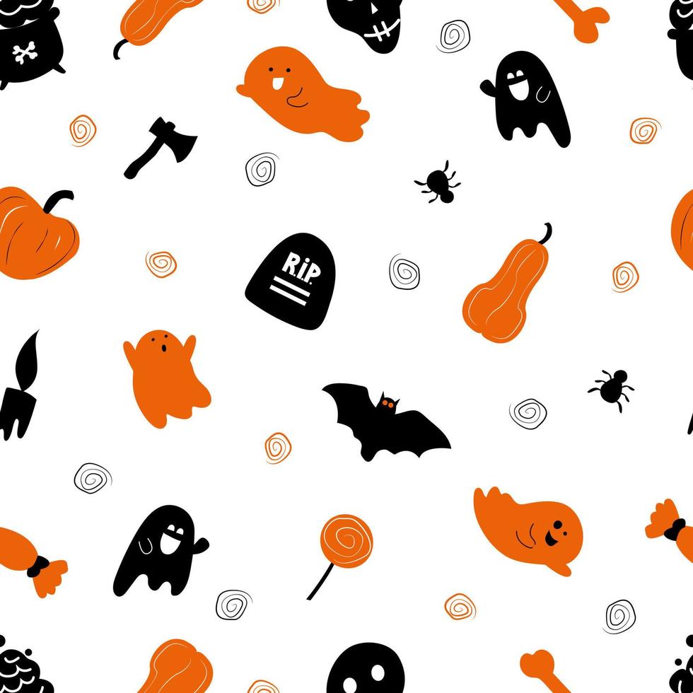 halloween mönster sömlös. på vit bakgrund pumpa, klubba, spindel, skalle, spöken. stilren prydnad i minimalistisk design. tryck på tyg och papper. vektor handritad illustration