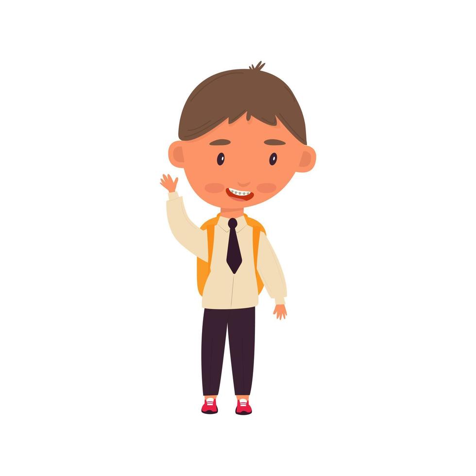 skolpojke med ryggsäck. pojke i skoluniform. hängslen på tänderna. tecknad figur. isolerad bild. vektor illustration, platt