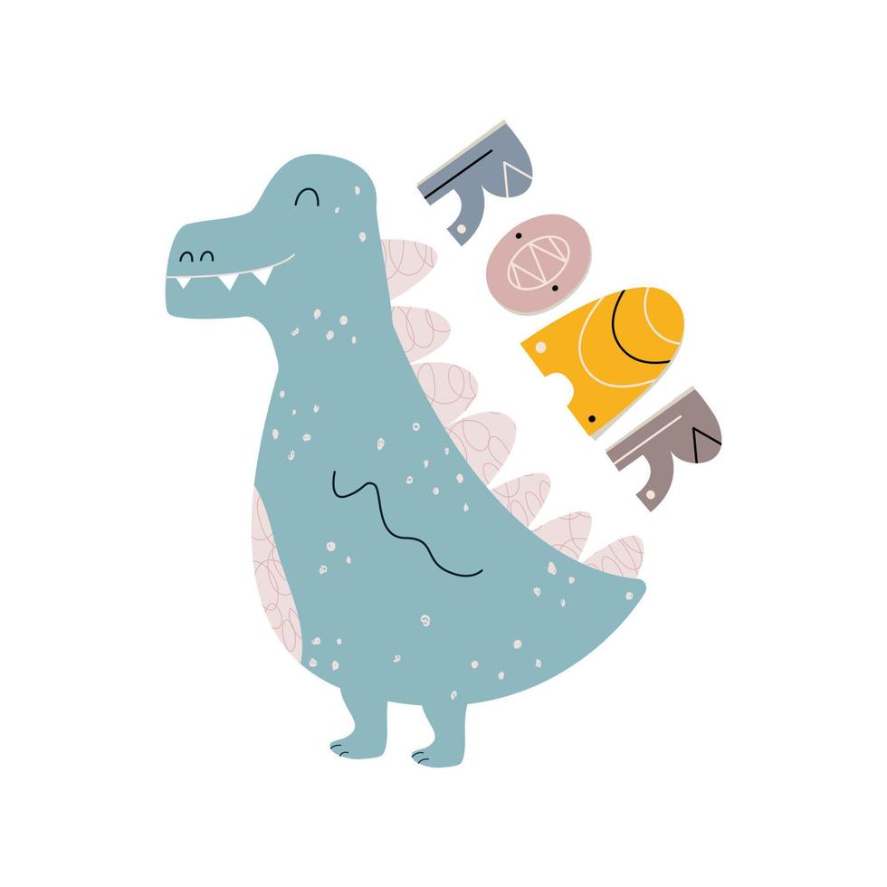 kindlicher Druck mit süßem Dinosaurier und Schriftzug. Babyparty-Vorlage. stilvoller Druck für Kinder-T-Shirts, Postkarten. minimalistisches modernes Design. vektorillustration, gekritzel vektor