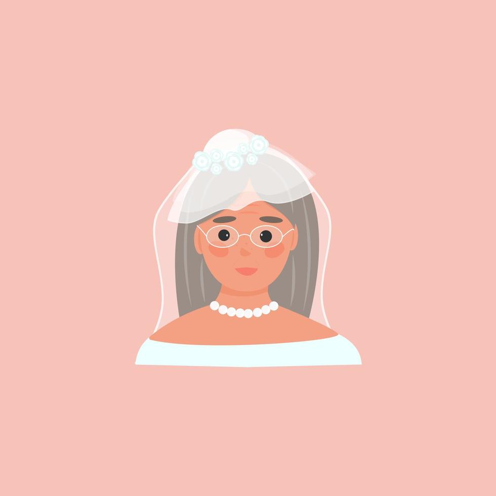 profil av en äldre kvinna i vit klänning. mormor gifter sig. bröllopsbild. universell design för bloggar, vykort, artiklar. vektor illustration, platt