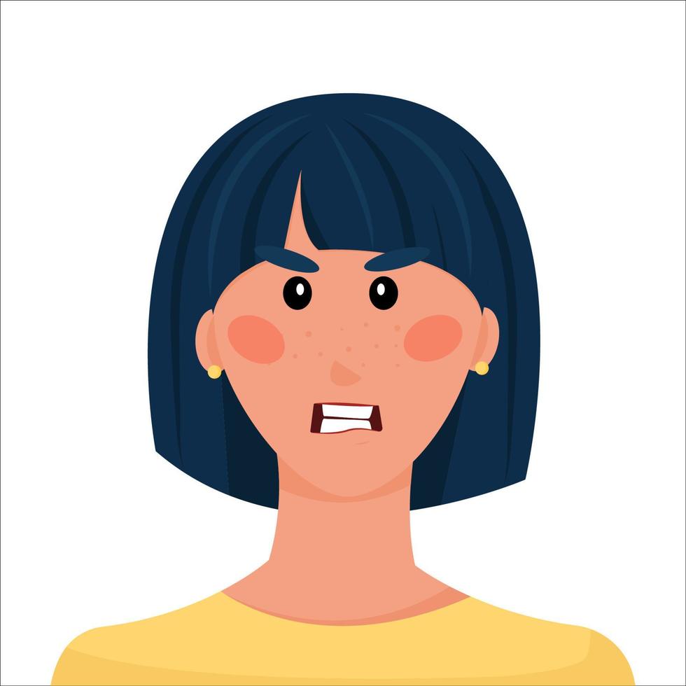 Mädchen wütender Avatar. isoliertes Bild einer jungen Frau im Zorn. Zeichentrickfigur. Vektorillustration, flach vektor