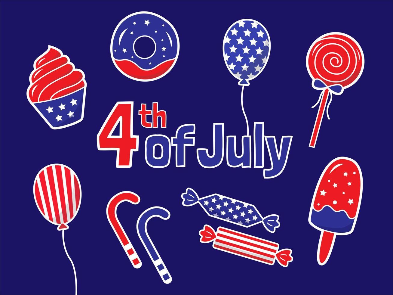 Amerikanska självständighetsdagen 4 juli. platt illustration uppsättning cupcake, munk, godis, ballonger, glass, klubbor. vektor