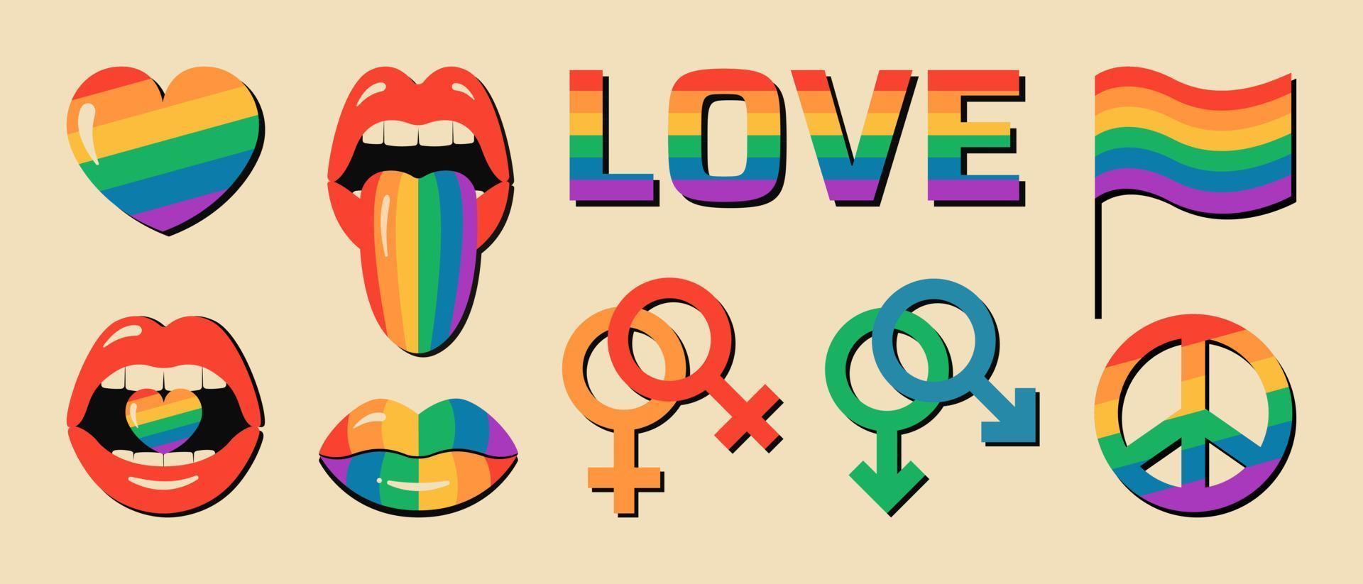 lgbt pride månad ikonuppsättning med homosexuella och lesbiska relationer könssymboler. vektor
