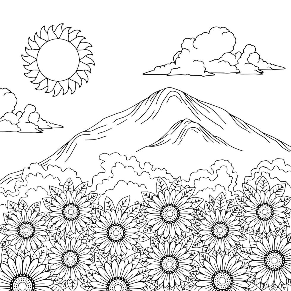 Vektor-Gliederung Malvorlagen Sommerlandschaft mit Sonnenblume vektor