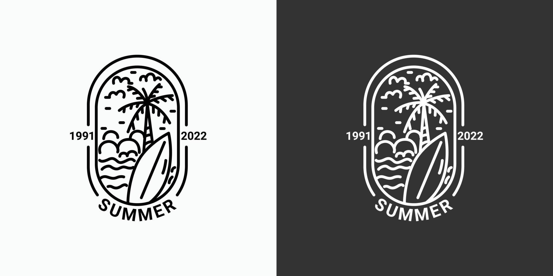 enkel sommarlogotyp med linjer, strandikon i minimal linjär stil, tillgänglig i svart och vitt, kokospalmer, hav, sol vektor
