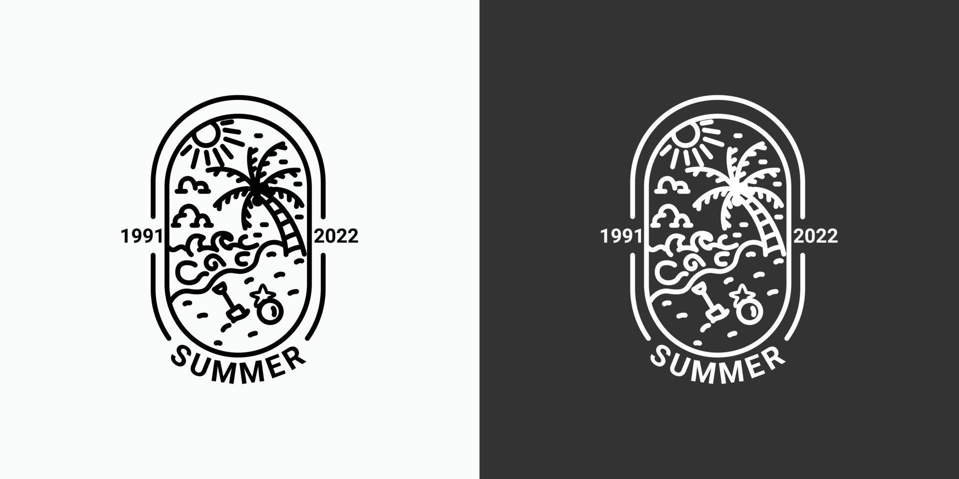 einfaches sommerlogo mit linien, strandsymbol in einem minimalen linearen stil, erhältlich in schwarz und weiß, kokospalme, meer, sonne vektor