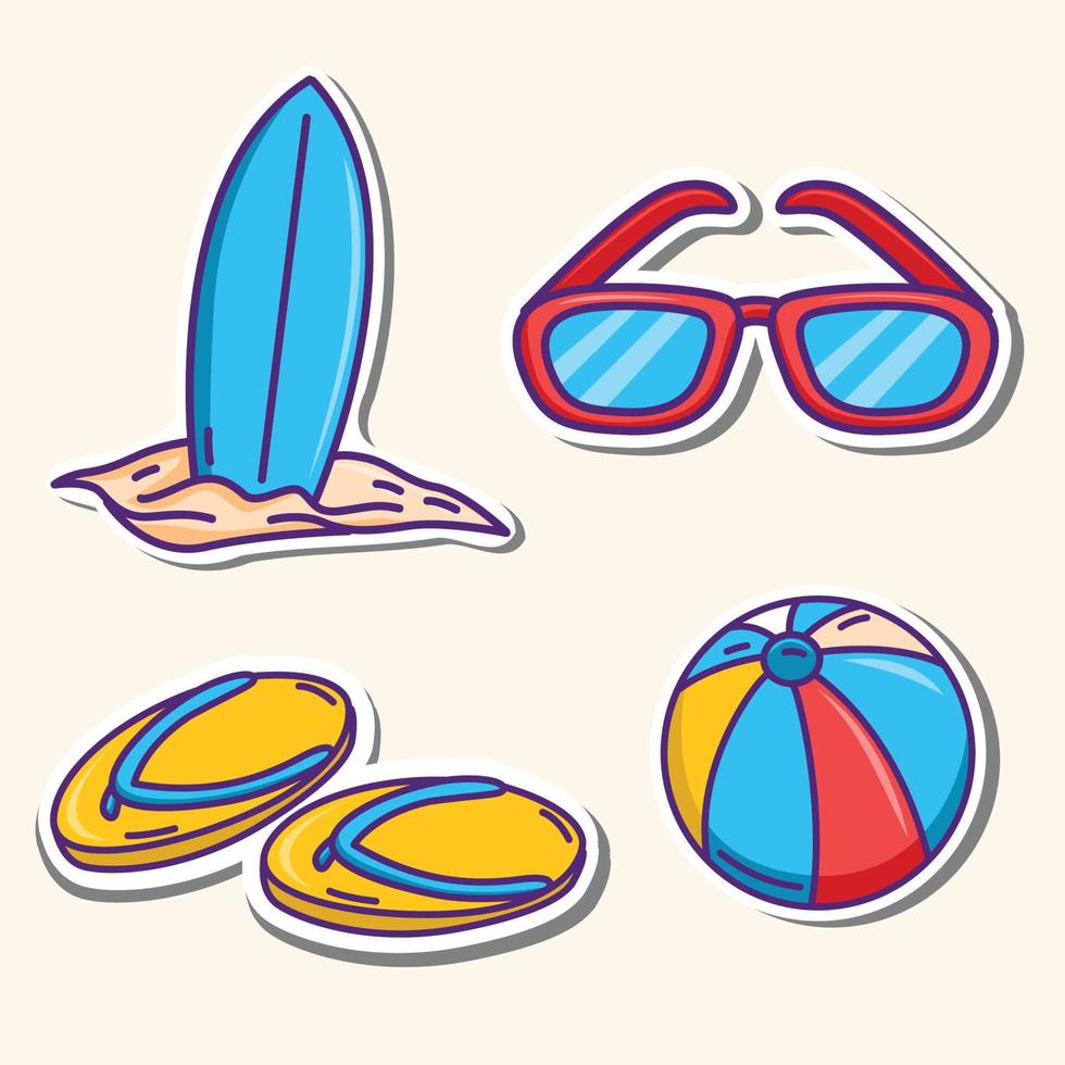 söt sommar klistermärkeset, tropisk semester klistermärke samling, söt sommar semester doodle ikon pack vektor