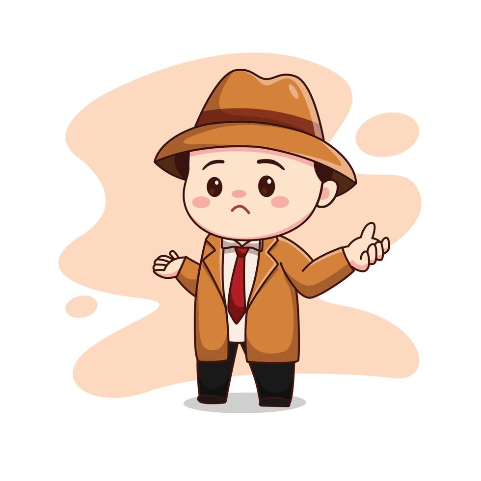 Illustration eines süßen Detektivs oder Mannes im braunen Anzug, der sich verwirrt fühlt kawaii chibi Charakter vektor