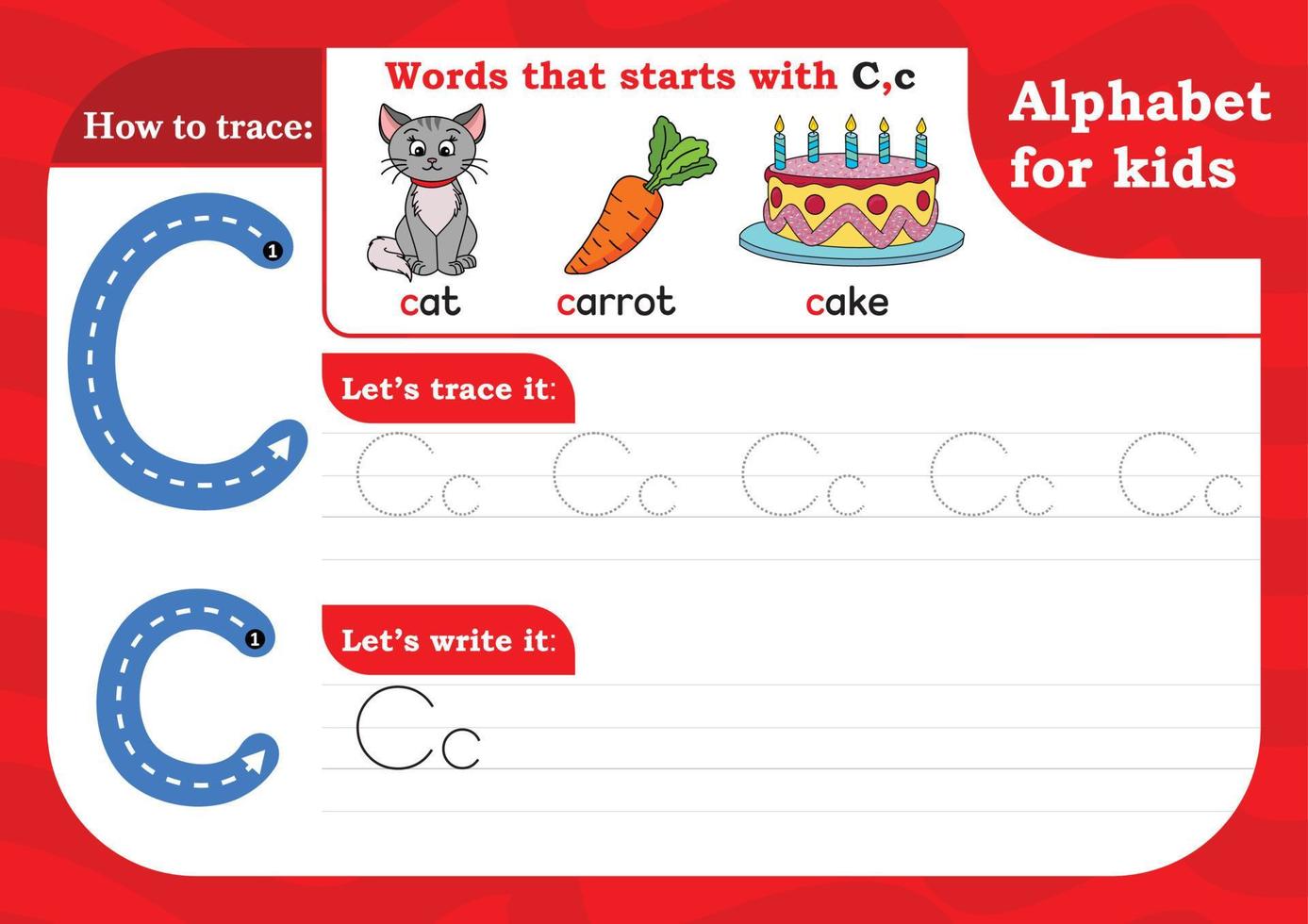 kalkylblad bokstav c, alfabetspårning öva bokstav c. bokstav c versaler och gemener med katt, morot och tårta. handskriftsövning för barn - utskrivbart kalkylblad. vektor