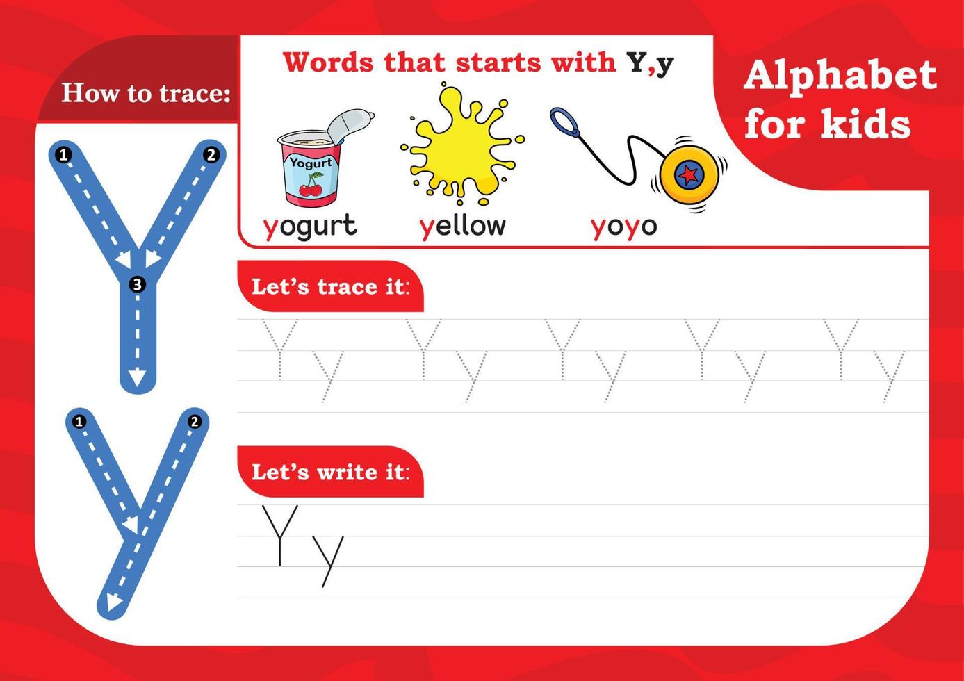 kalkylblad bokstaven y, alfabetspårning öva bokstaven y. bokstäver y versaler och gemener spårning med yoghurt, gul och yoyo. handskriftsövning för barn - utskrivbart kalkylblad. vektor