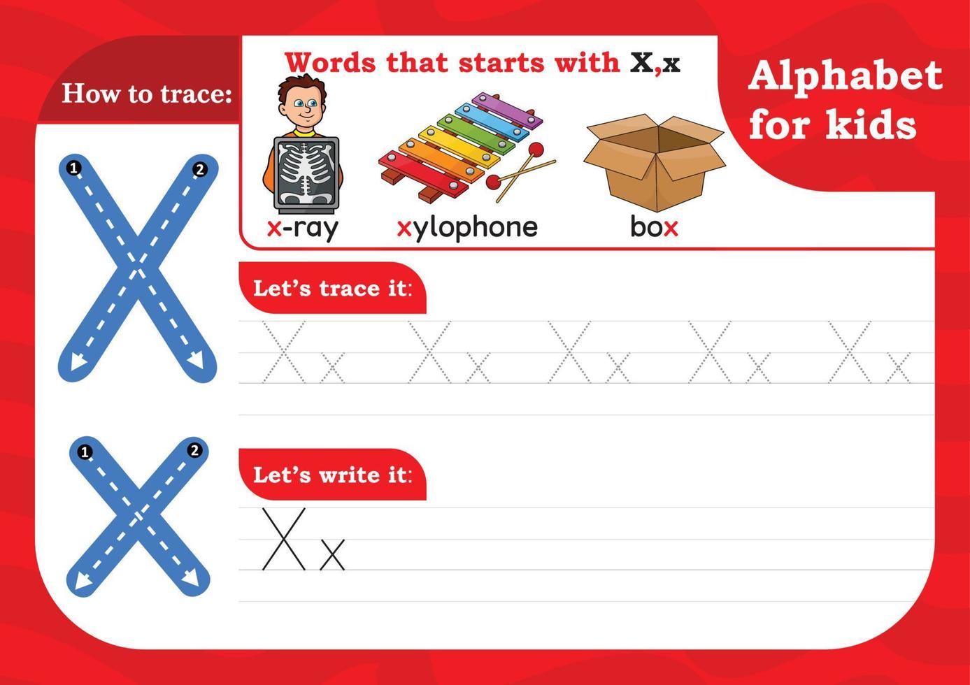 arbeitsblatt buchstabe x, alphabet verfolgung übung buchstabe x. buchstabe x groß- und kleinbuchstabenverfolgung mit röntgen, xylophon und box. Handschriftübung für Kinder - druckbares Arbeitsblatt. vektor