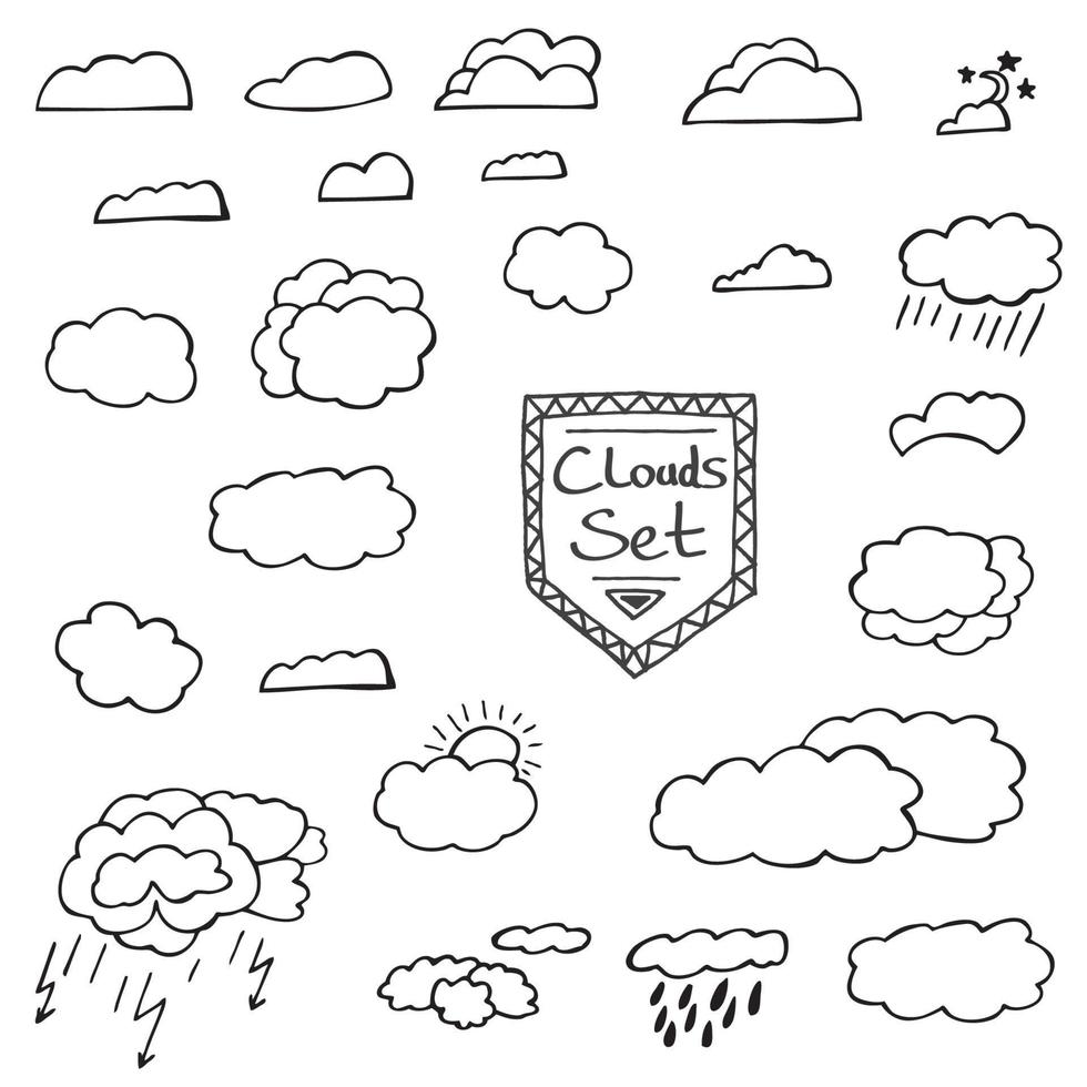 uppsättning handritade doodle moln. vektor illustration.
