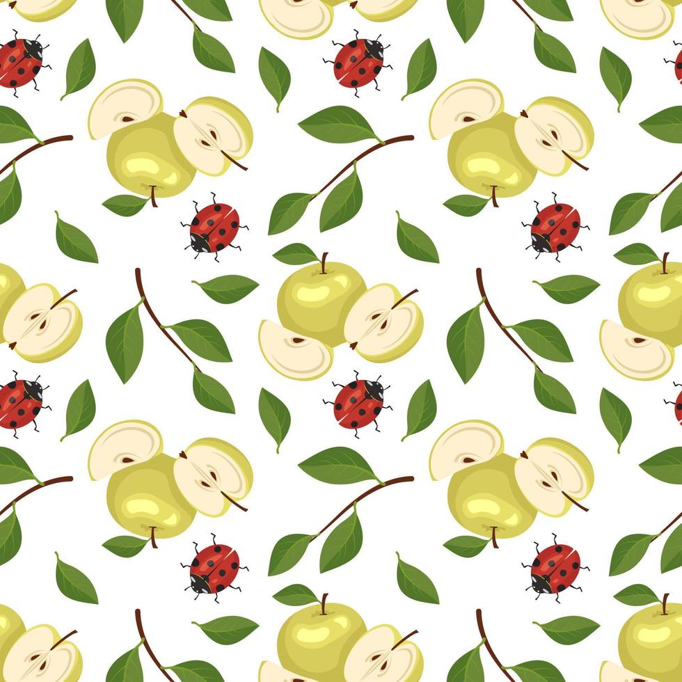 nahtloses Muster mit gelben Äpfeln und rotem Marienkäfer. Druck aus ganzen und halben gesunden Früchten mit Blättern. Hintergrund von süßen Speisen für die Ernährung. flache vektorillustration vektor