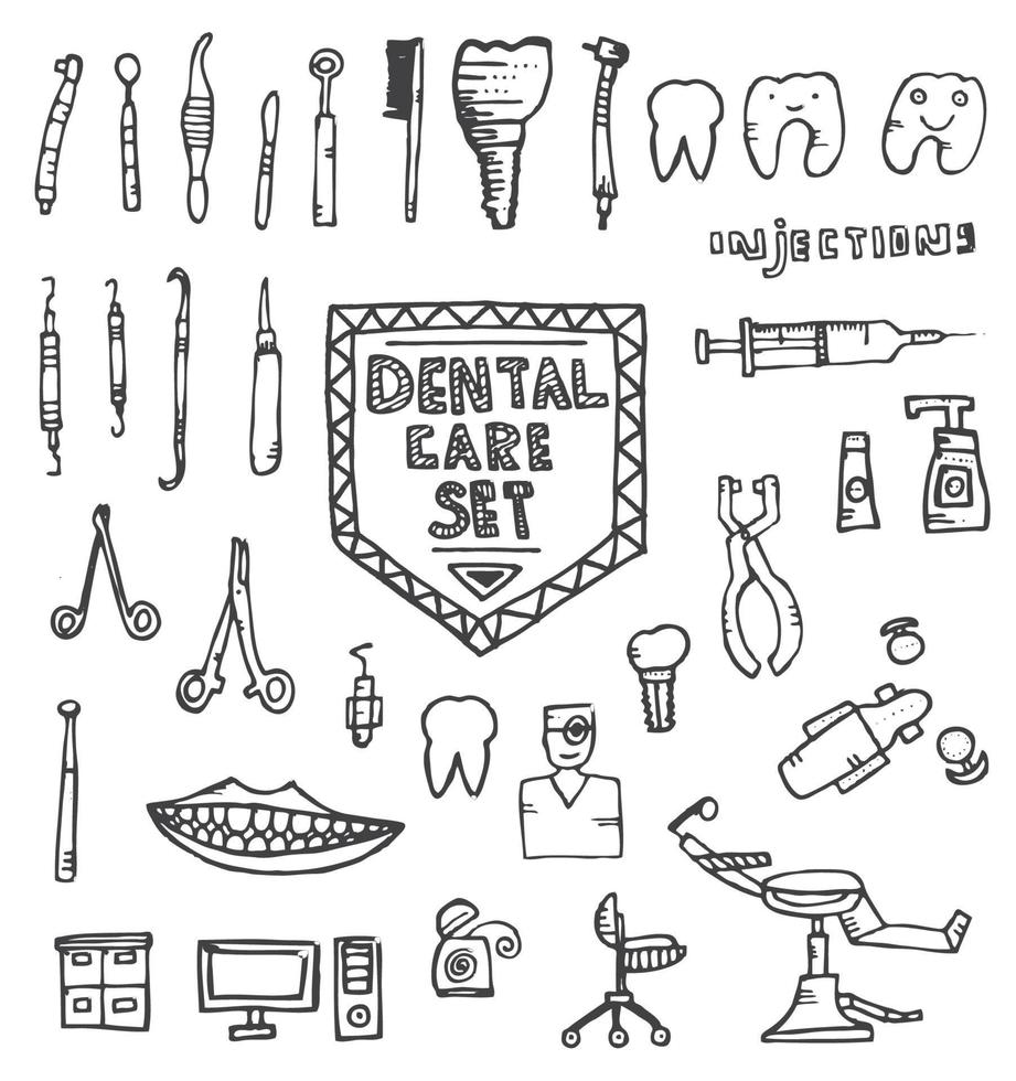 tandvård set med olika handritade ikoner. vektor