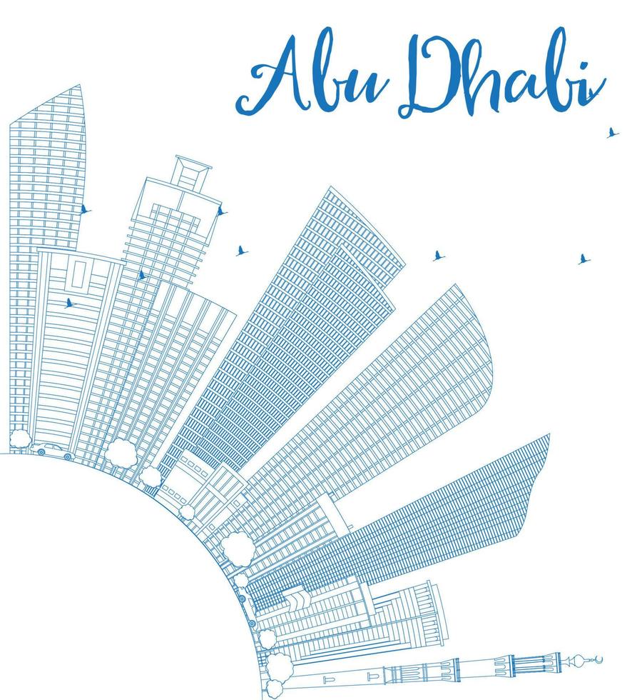 skissera Abu Dhabis stadssilhuett med blå byggnader och kopieringsutrymme. vektor