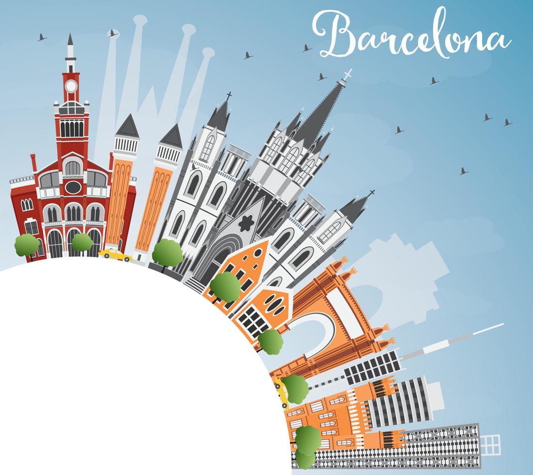 barcelona-skyline mit farbigen gebäuden, blauem himmel und kopierraum. vektor