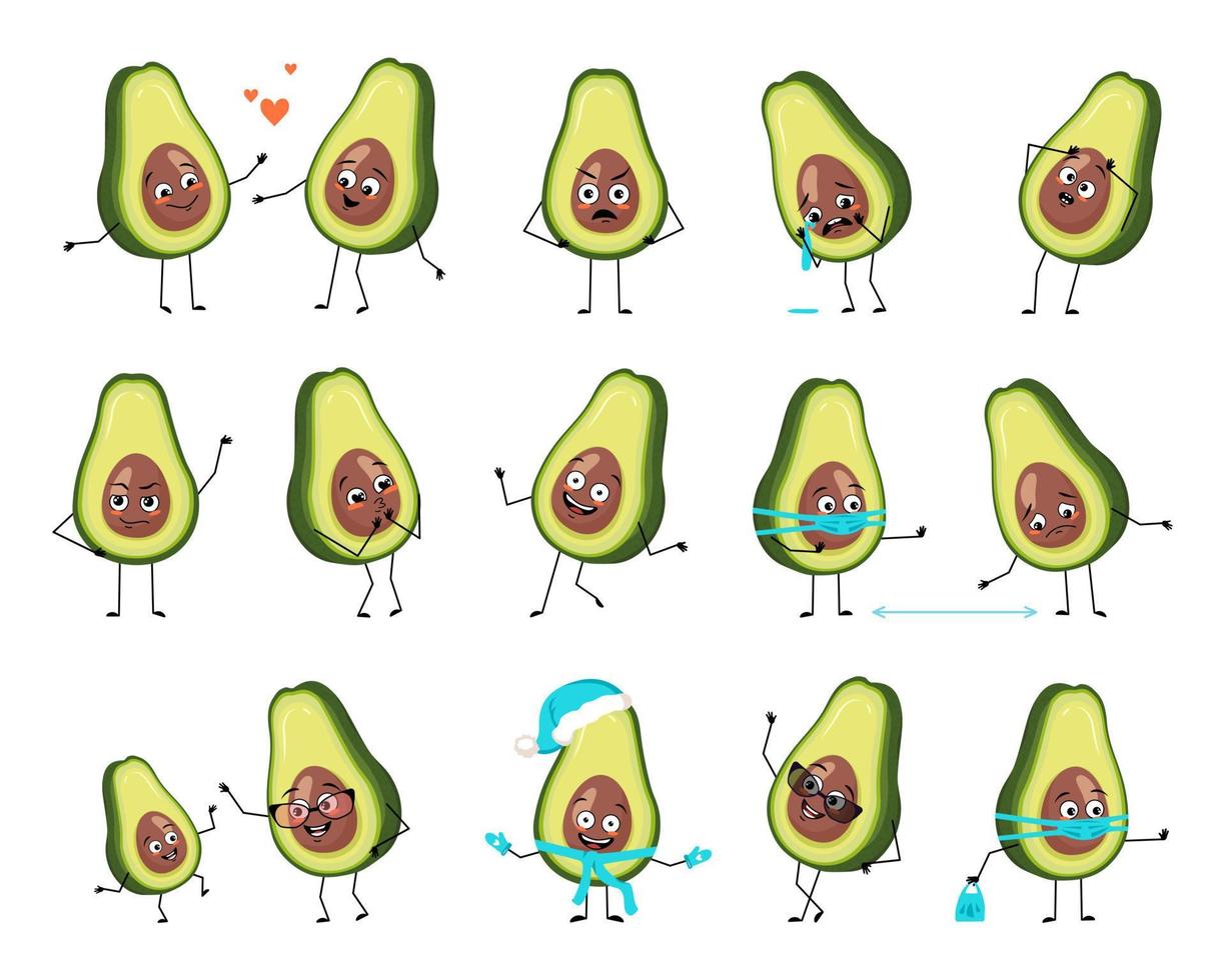 Avocado-Charakter mit glücklichen oder traurigen Emotionen, Panik, liebevollem oder mutigem Gesicht, Händen und Beinen. fröhliche gemüseperson, obst mit maske, brille oder hut. flache vektorillustration. vektor