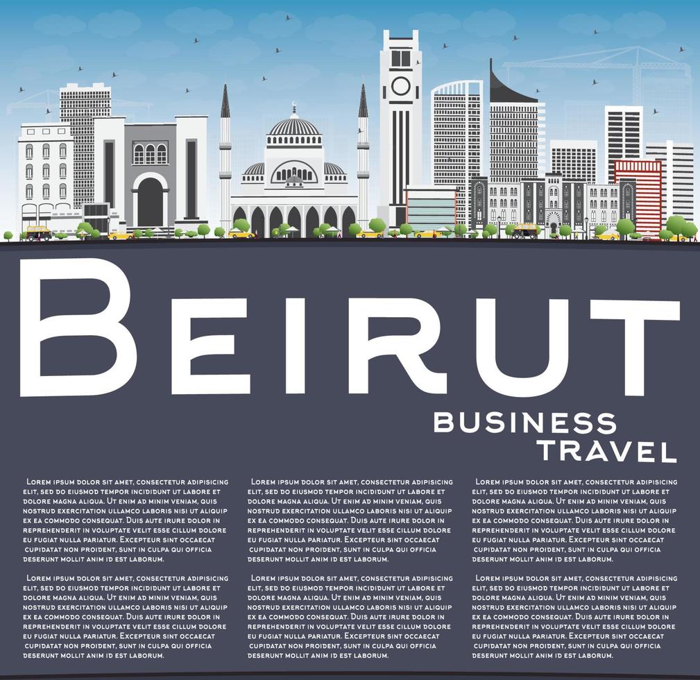 Beiruts skyline med grå byggnader, blå himmel och kopieringsutrymme. vektor illustration. affärsresor och turism koncept med modern arkitektur. bild för presentation banner plakat och webbplats.