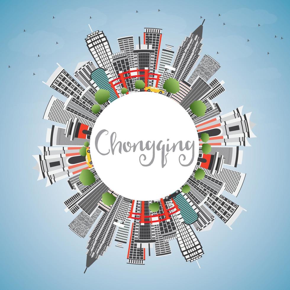 chongqings silhuett med grå byggnader, blå himmel och kopieringsutrymme. vektor
