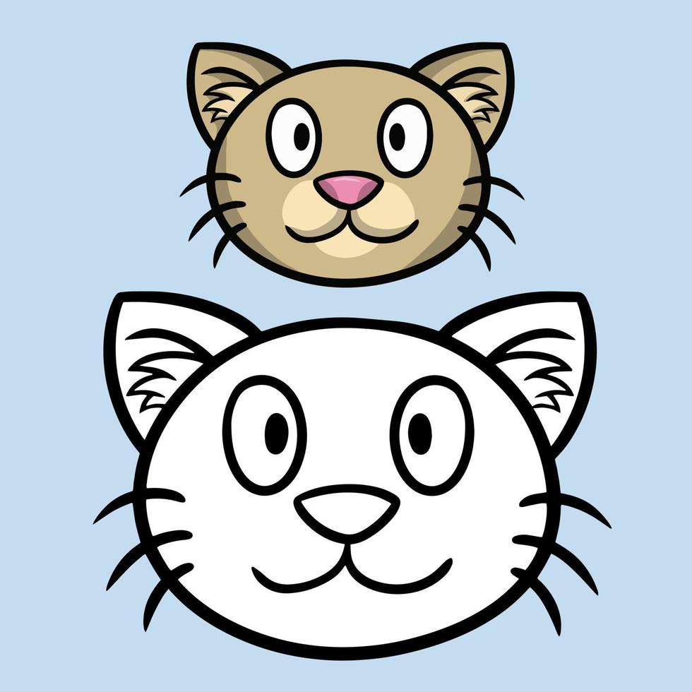 eine Reihe von Farb- und Skizzenbildern, ein Malbuch. Süße hellbeige Katze, zufriedenes Katzengesicht mit Pfoten, Cartoon-Vektorillustration, Nahaufnahme auf blauem Hintergrund vektor