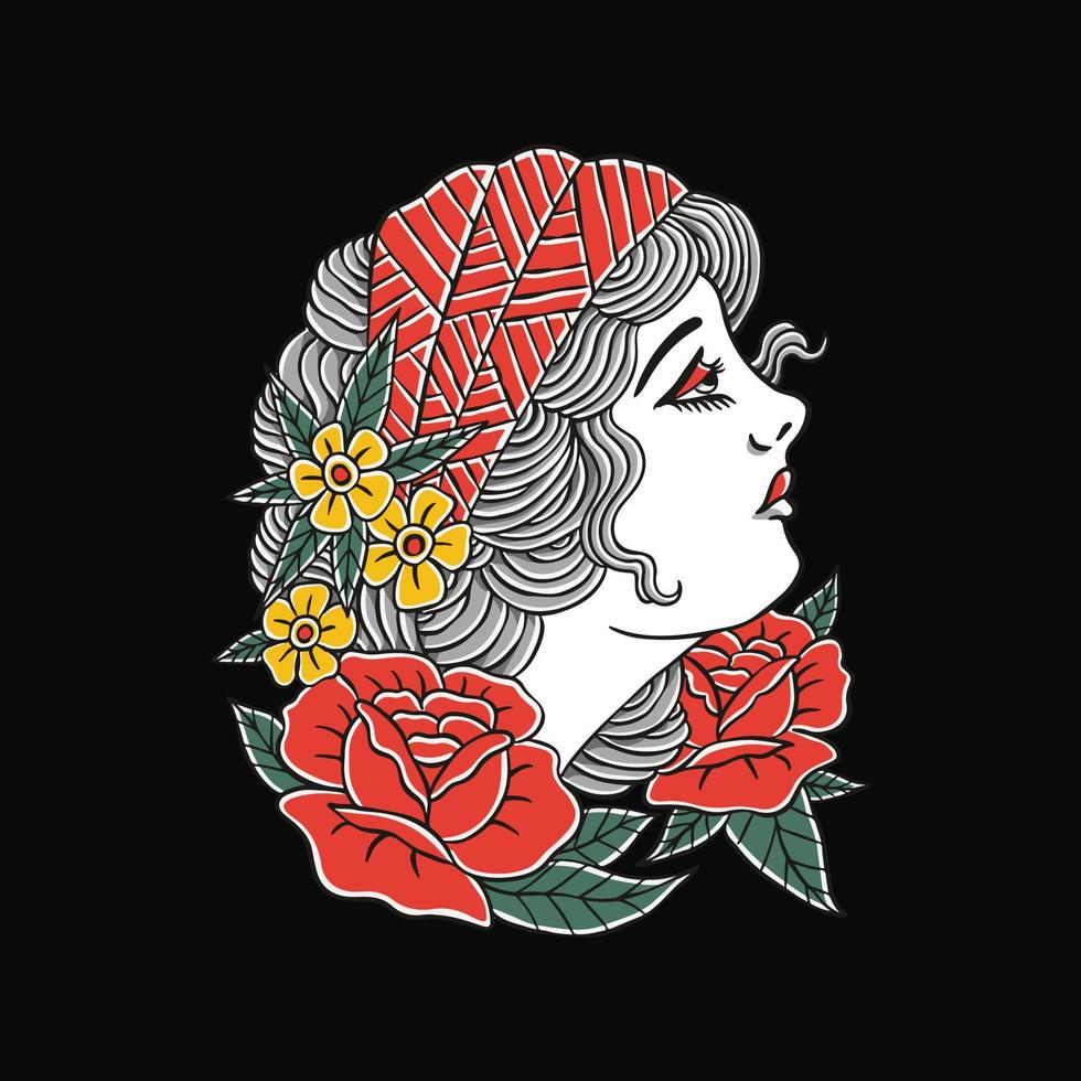 kvinna med blomma illustration för t-shirt och tryck vektor