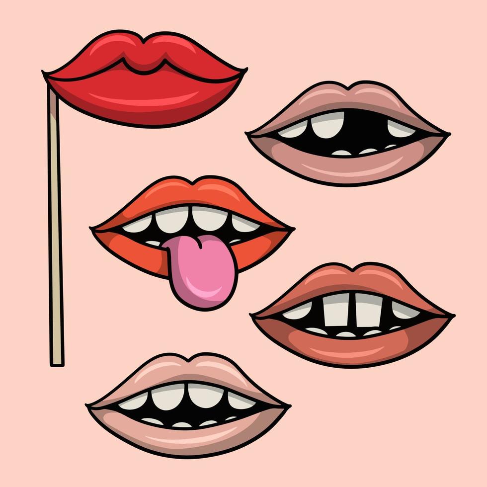 eine reihe von vektorillustrationen, verschiedene lustige zeichnungen mit unterschiedlichen emotionen, lächelnde lippen, zähne zeigen, einige zähne fehlen, lustige zeichen für eine party mit zähnen vektor