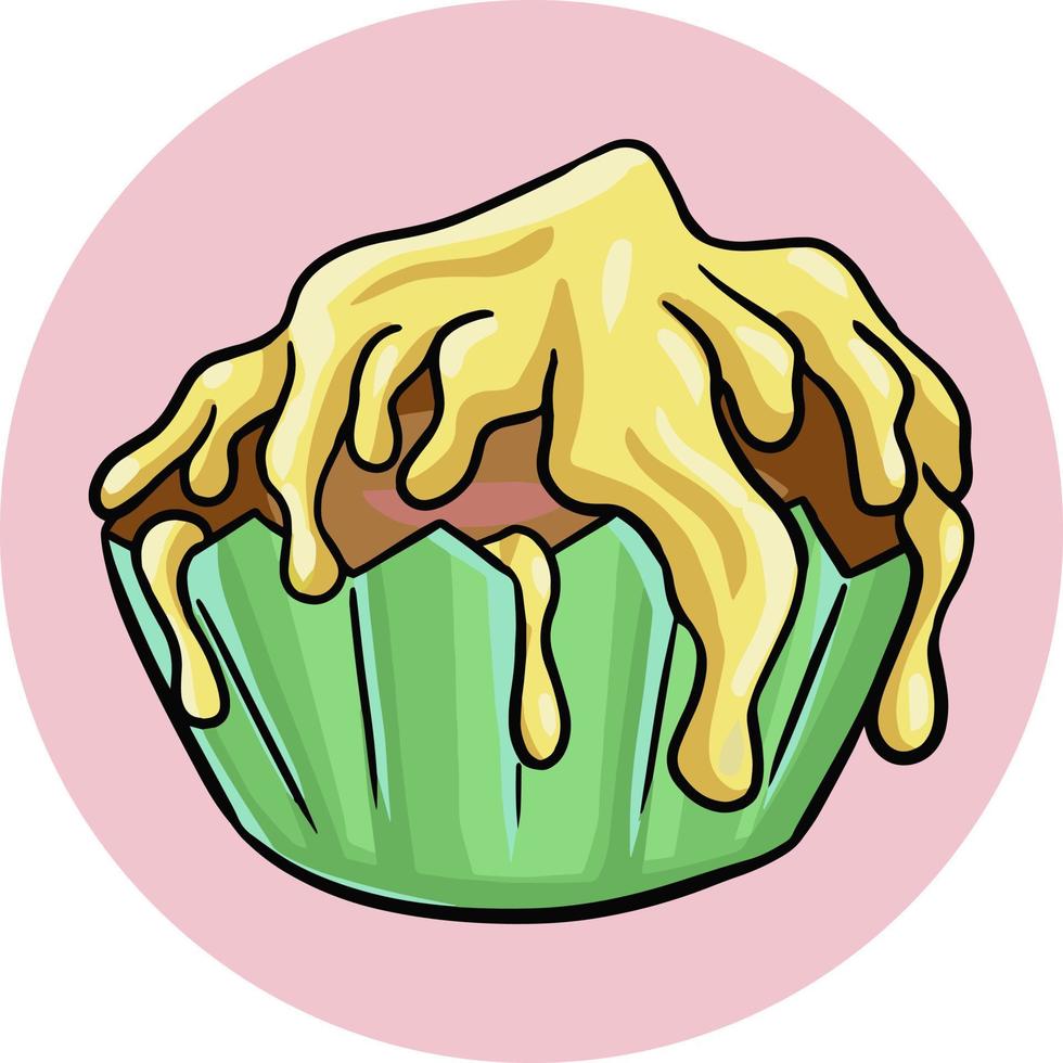 Köstlicher Cupcake mit fruchtgelber Glasur in einer grünen Tasse, Vektor-Cartoon-Illustration auf rundem hellem Hintergrund vektor