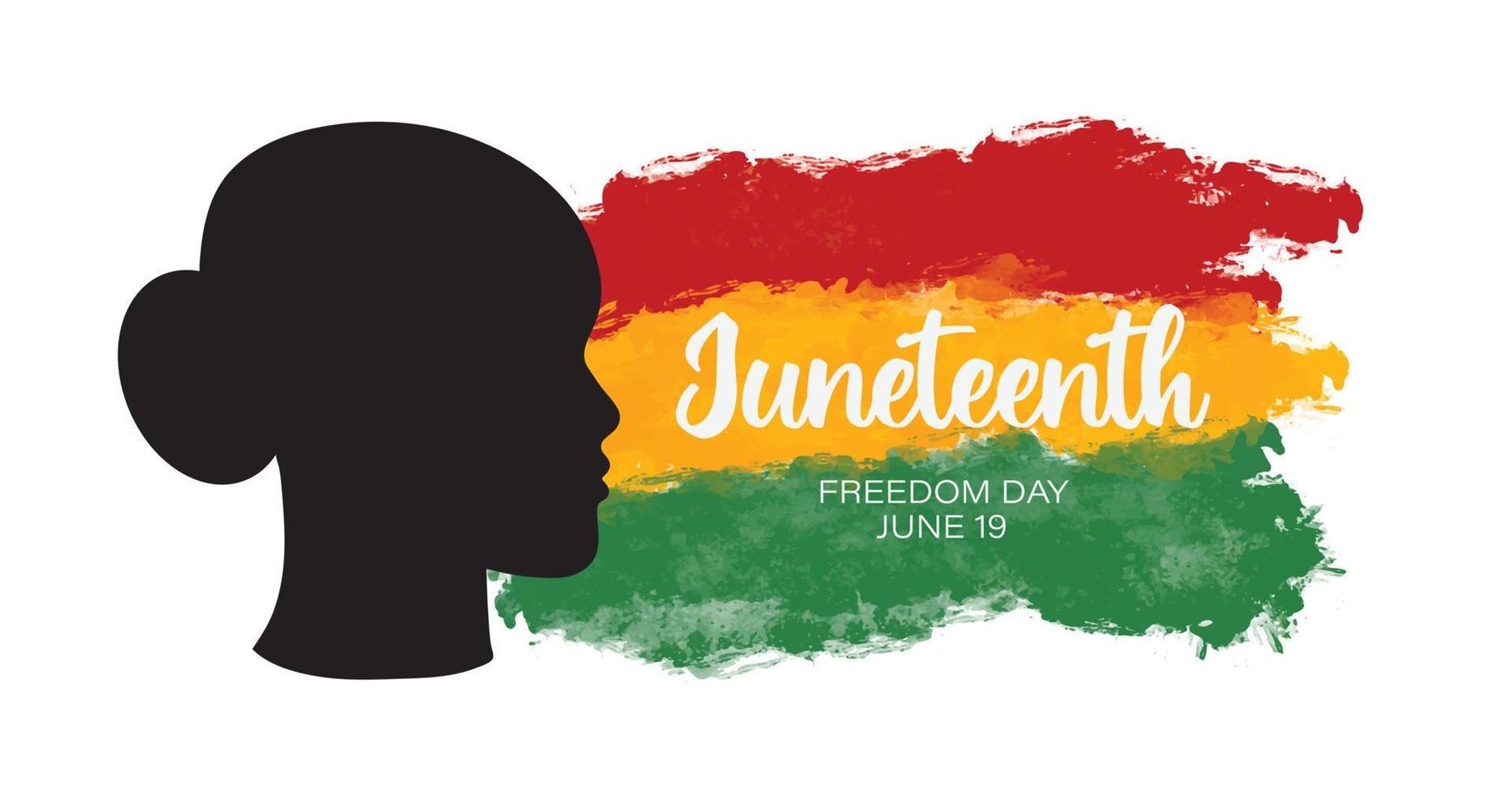 Juni-Banner mit schwarzer Silhouette der Frau und afroamerikanischer Grunge-Flagge. vektordesign für usa-ethnisches erbe schwarze freiheitsfeiertagsfeier. Einladung, Flyer-Design vektor