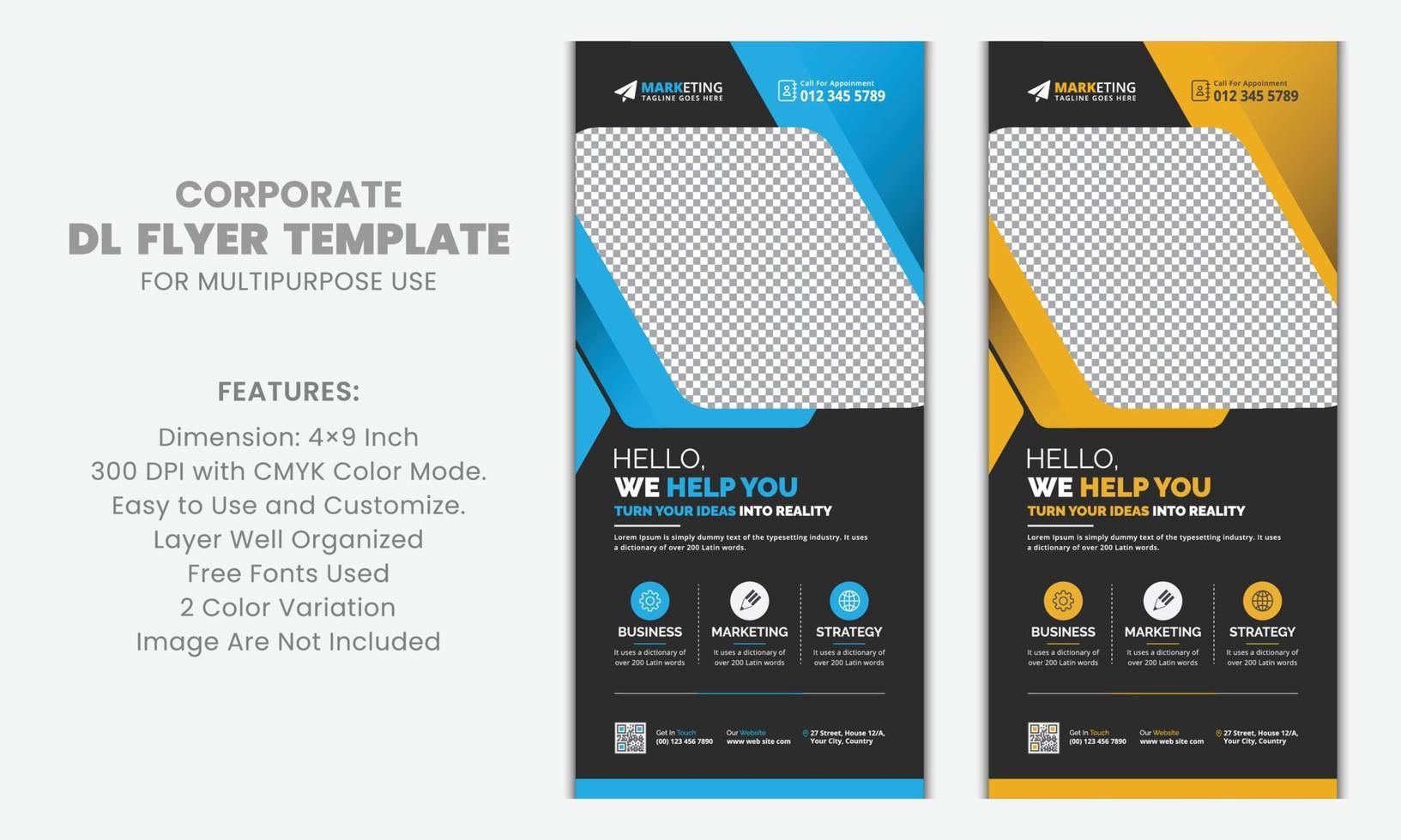 abstraktes blaues, gelbes Firmen-DL-Flyer-Rack-Karten-Vorlagen-sauberes Design für Werbung und Mehrzwecknutzung mit schwarzem Hintergrund vektor