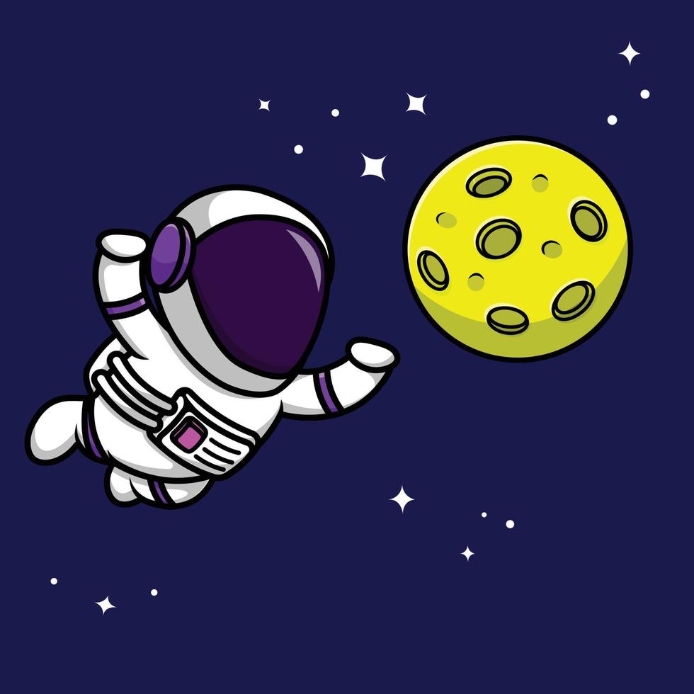 niedlicher astronaut, der auf dem weltraum schwimmt, mit mond-cartoon-vektor-symbol-illustration. Symbolkonzept für Wissenschaftstechnologie isolierter Premium-Vektor. vektor