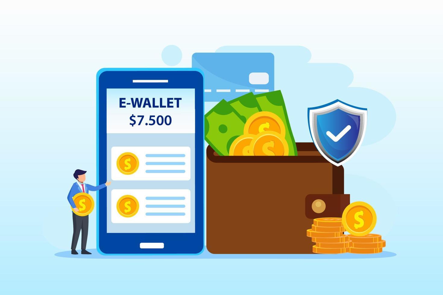 E-Wallet-Zahlungsanwendung Smartphone. flacher Vektorvorlagenstil geeignet für Web-Landing-Page, Hintergrund. vektor