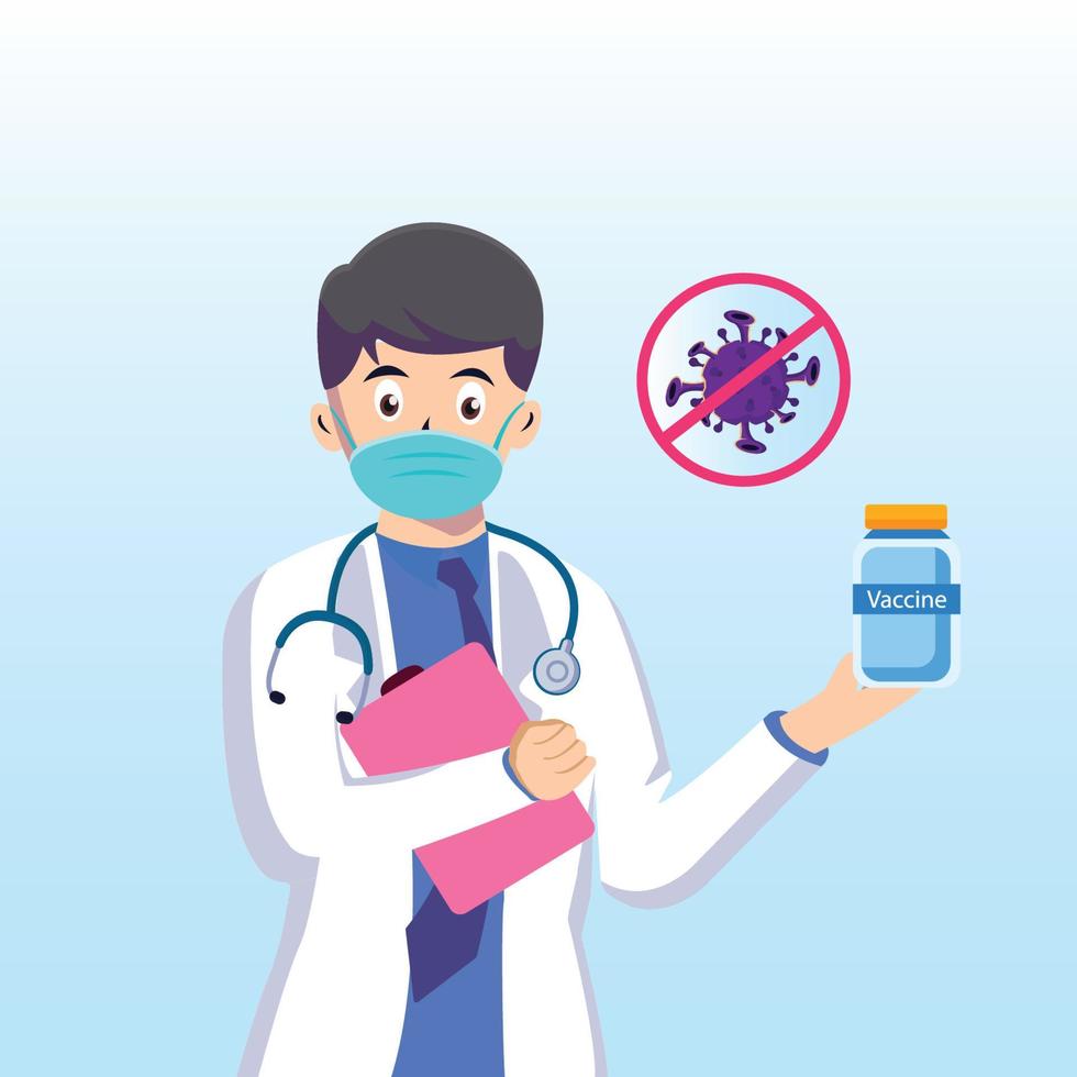 Arzt erzieht eine Pandemie-Corona-Virus-Warnung mit medizinischer Maske zum Schutz. Pillenflaschensymbole der medizinischen Behandlung in der Klinik oder im Krankenhaus halten. flacher vektor der zielseiten-website-illustration