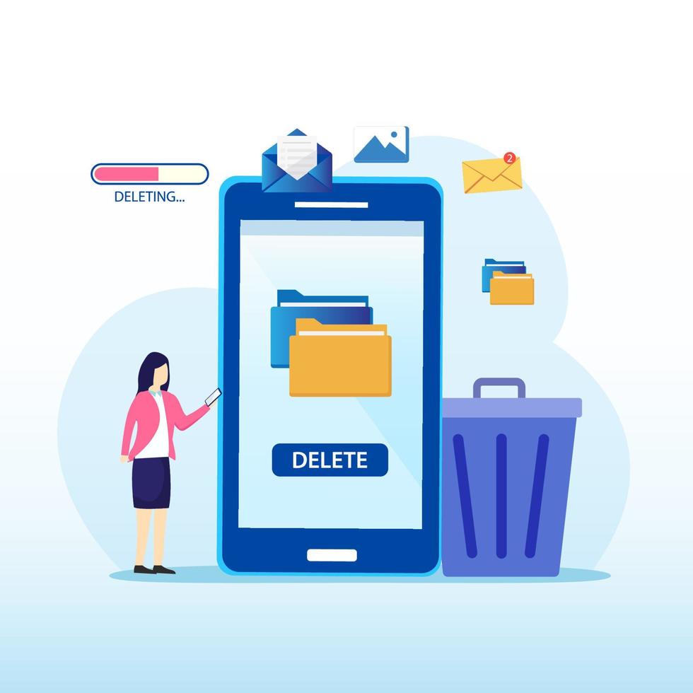 ta bort koncept. rengöra digitalt minne. personer som tar bort data och flyttar onödiga filer till papperskorgen. platt vektor mall