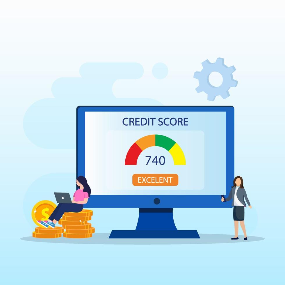 Kredit-Score-Vektorkonzept, Geschäftsleute prüfen Kredit-Score bei der Verwendung von Laptop und Smartphone. flacher Vektor