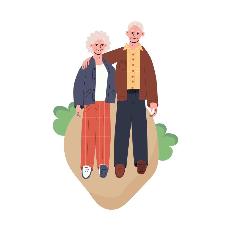 glückliches älteres Paar, das im Park spazieren geht. Ältere Männer und Frauen führen einen aktiven Lebensstil. vektor