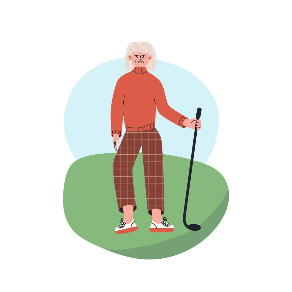 glad senior spelar golf i klubbparken. äldre kvinna leder aktiv livsstil vektor