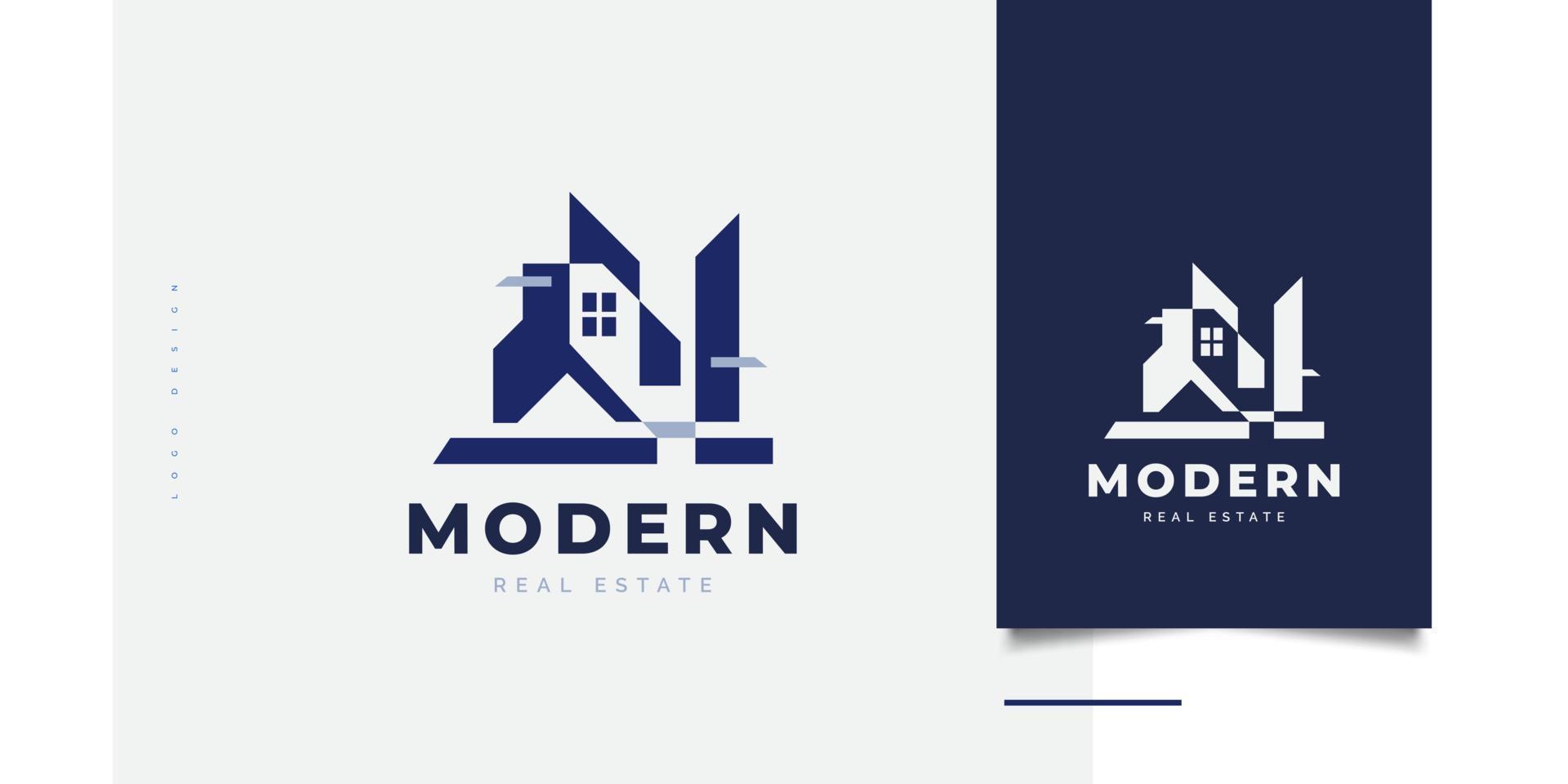 blaues modernes hauslogodesign für immobiliengeschäftsidentität. abstraktes Gebäude-Symbol. Architektur- oder Bauindustrie-Logo vektor