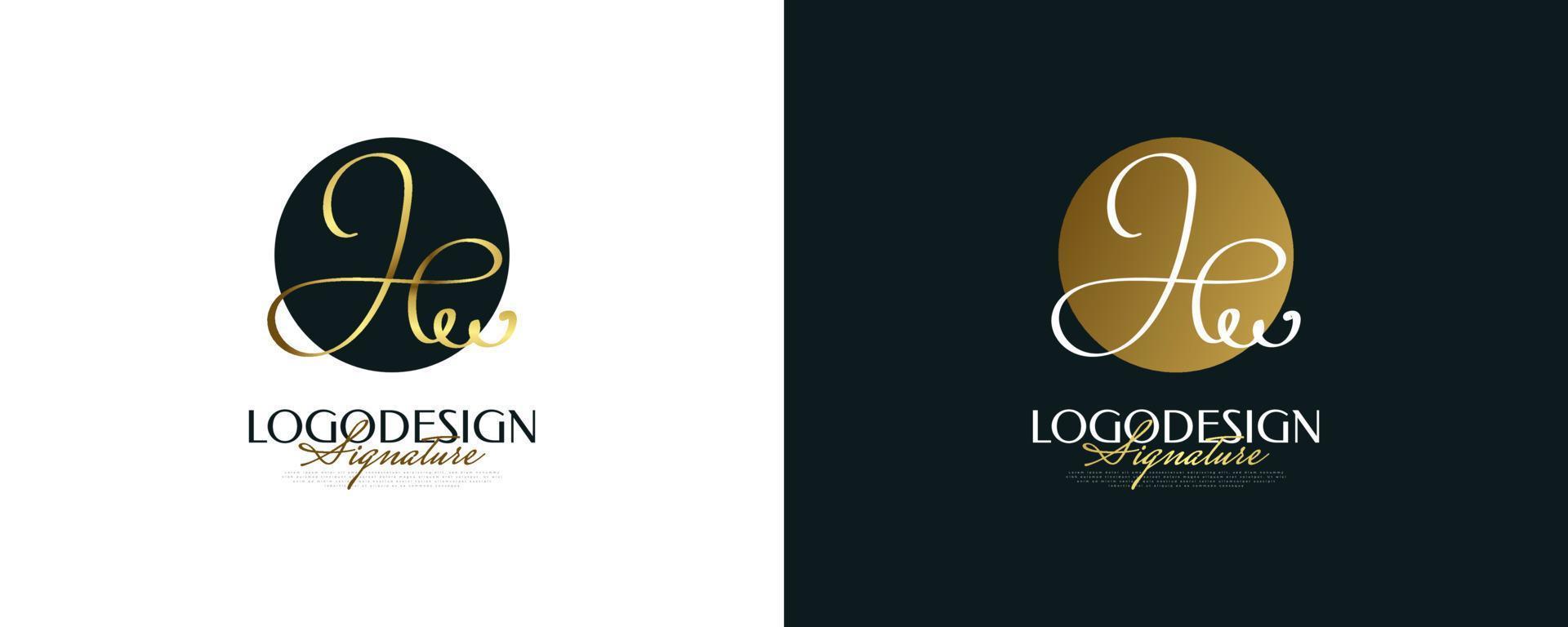 hw initial signaturlogotypdesign i guldhandstil. inledande h och w-logotypdesign för bröllop, mode, smycken, boutique och affärsmärkesidentitet vektor