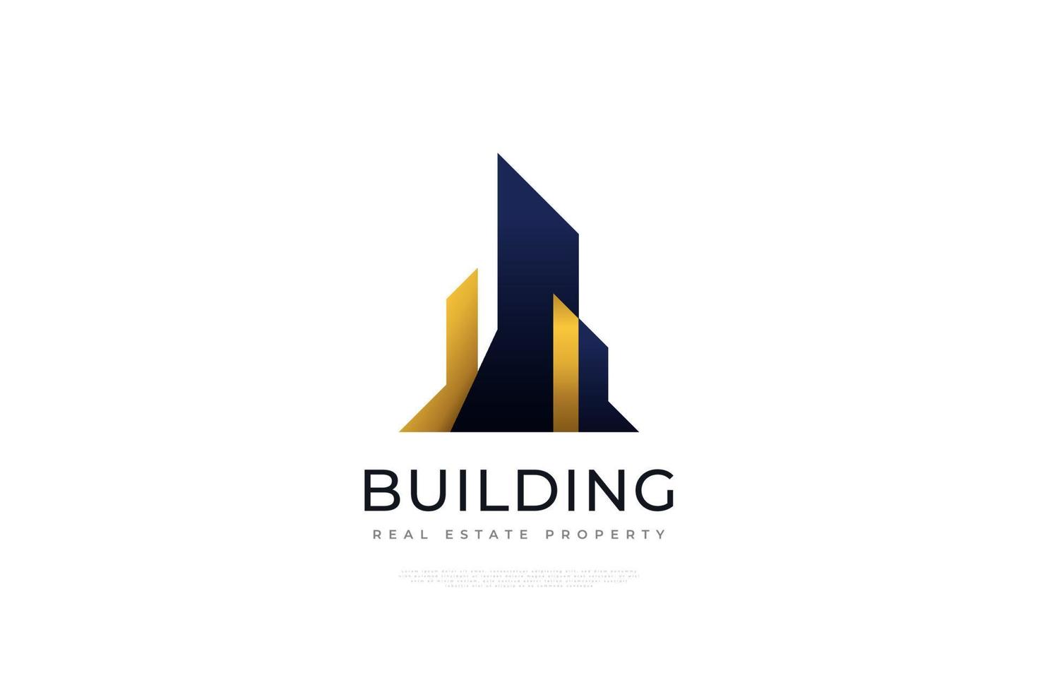 elegantes Logo-Design für Immobilien in Blau und Gold. Gebäude- oder Konstruktionslogo für die Identität der Immobilienbranche vektor
