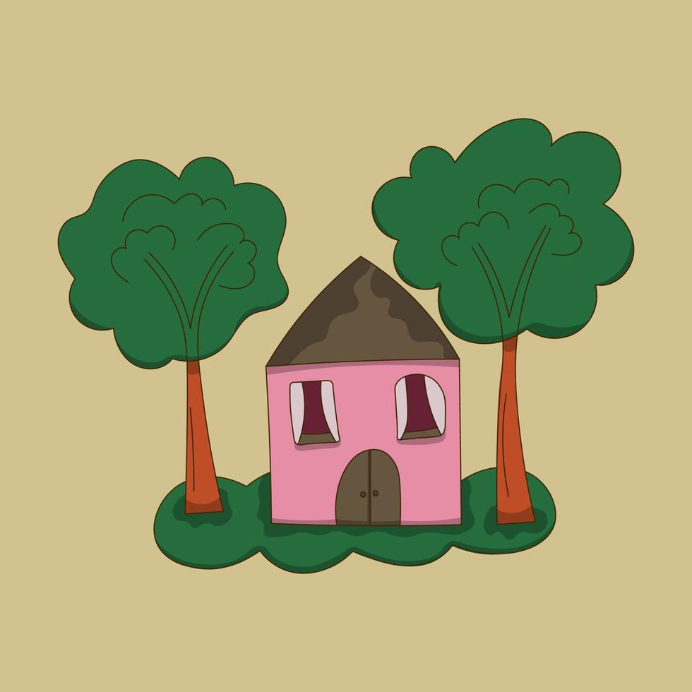 illustration av ett hus under två trädgårdsträd. barn illustration vektor